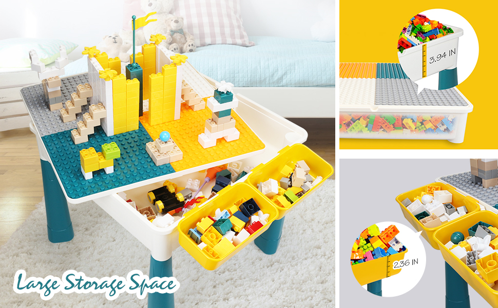 A kids activity table with building blocks and storage bins set up in a child's bedroom