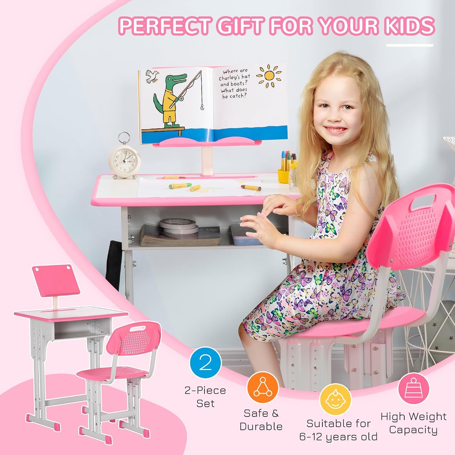 Adjustable Kids Desk and Chair Set with Drawer: image 5