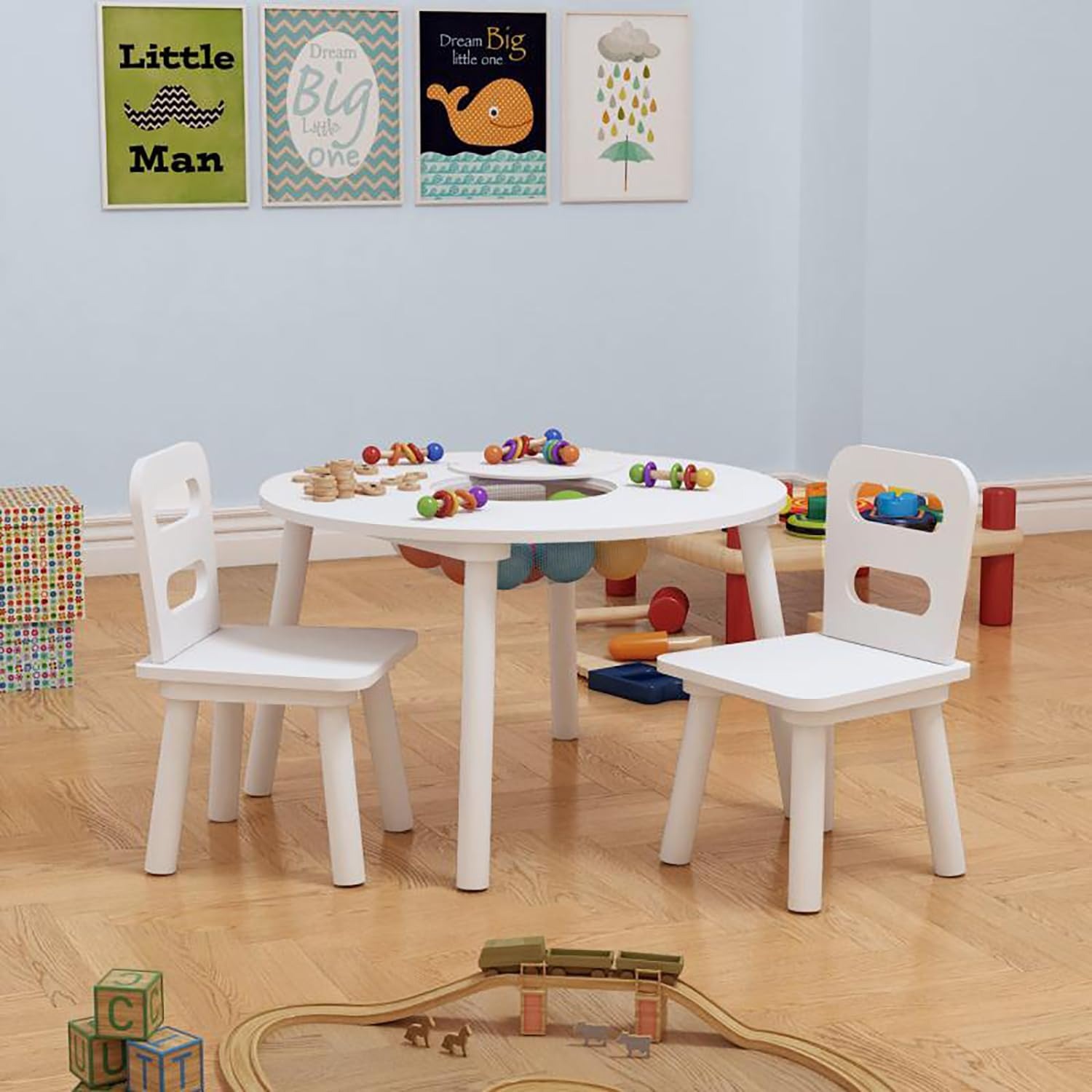 Wooden Kids Storage Table and 2 Chairs