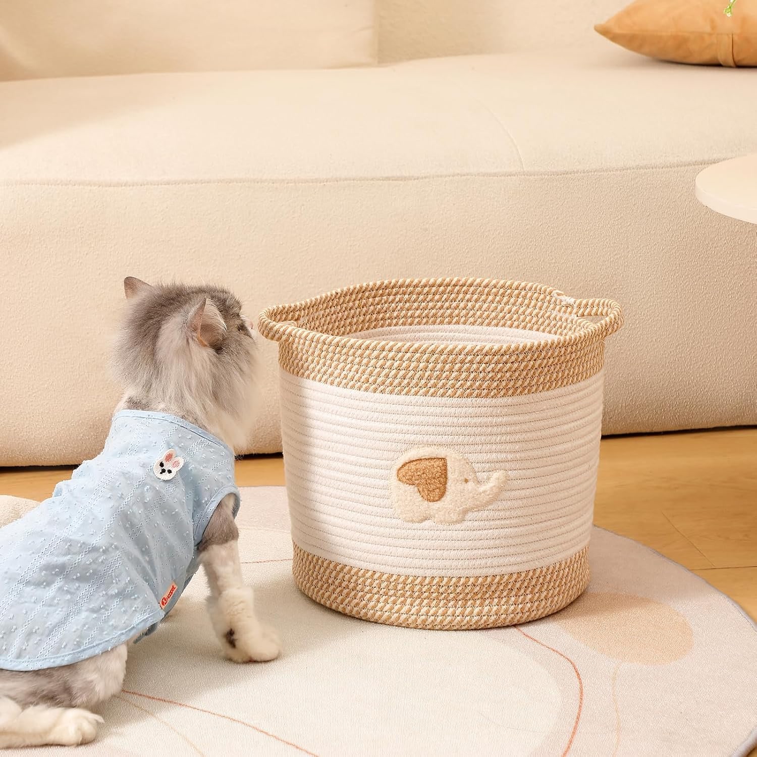Woven Cotton Rope Toy Basket with Elephant Embroidery