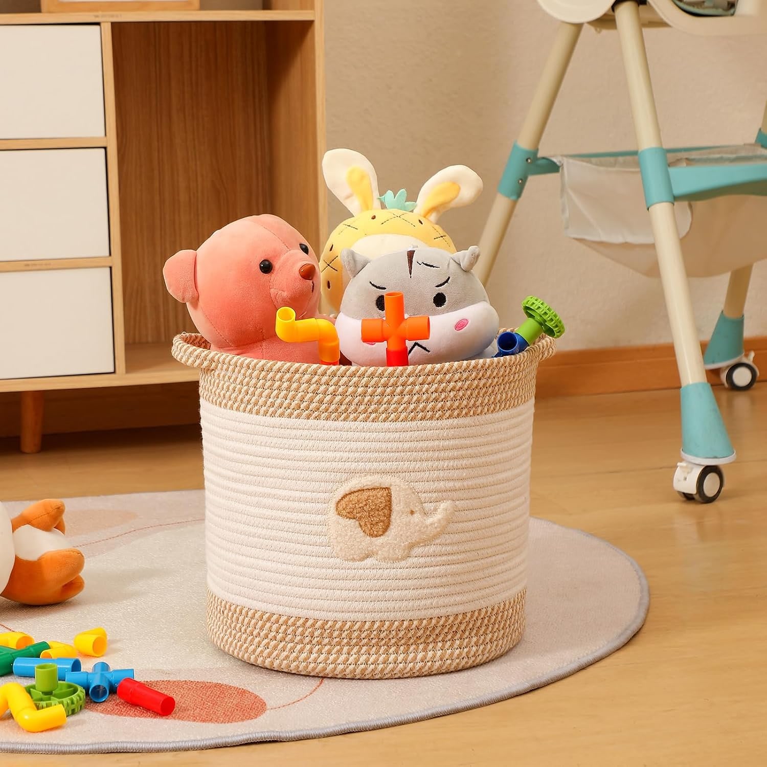 Woven Cotton Rope Toy Basket with Elephant Embroidery