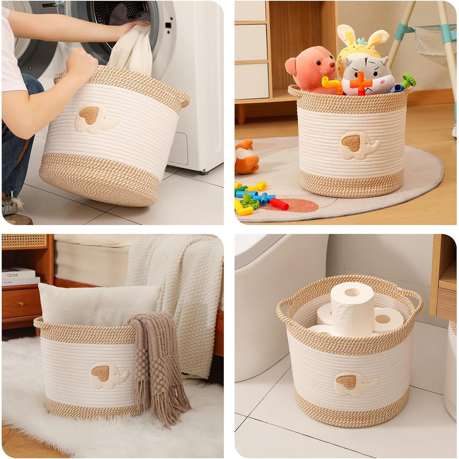 Woven Cotton Rope Toy Basket with Elephant Embroidery