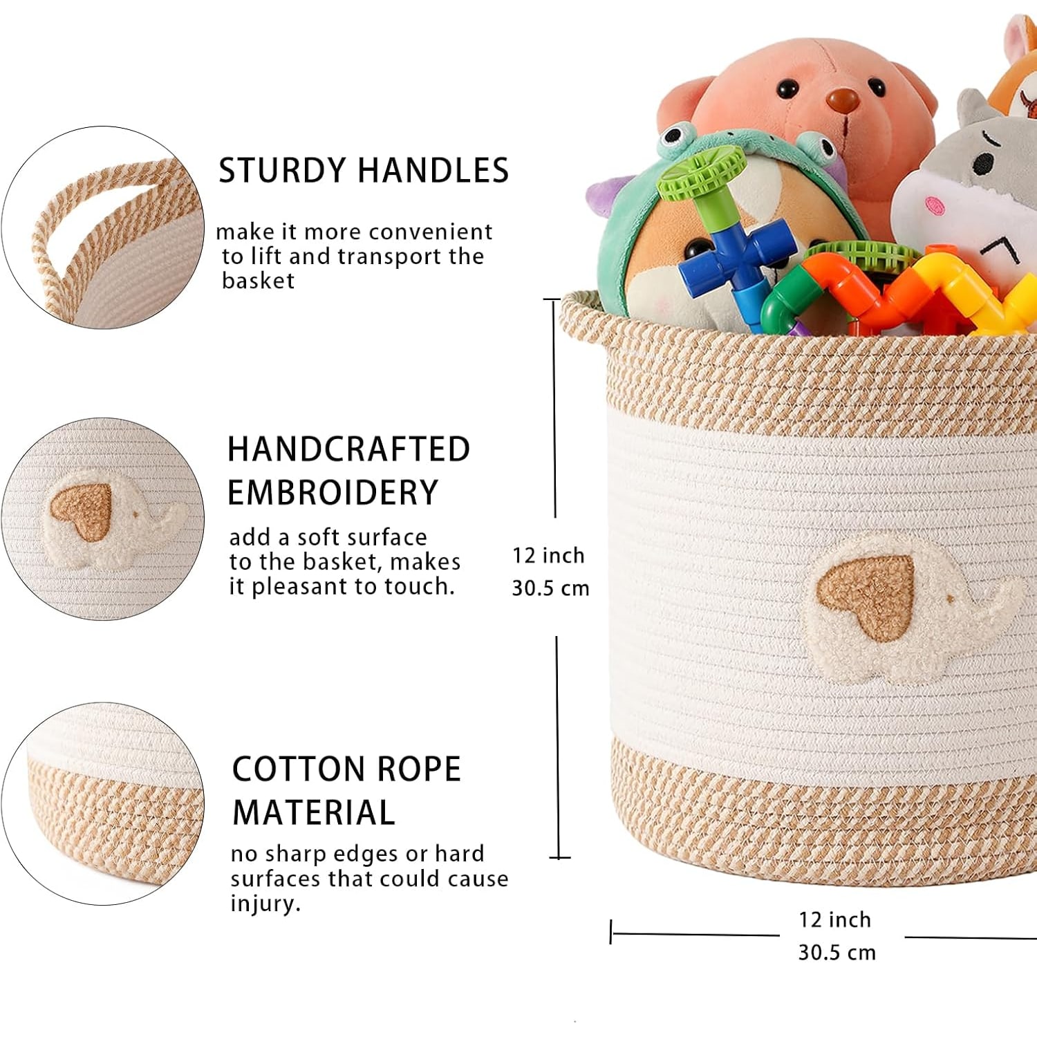 Woven Cotton Rope Toy Basket with Elephant Embroidery