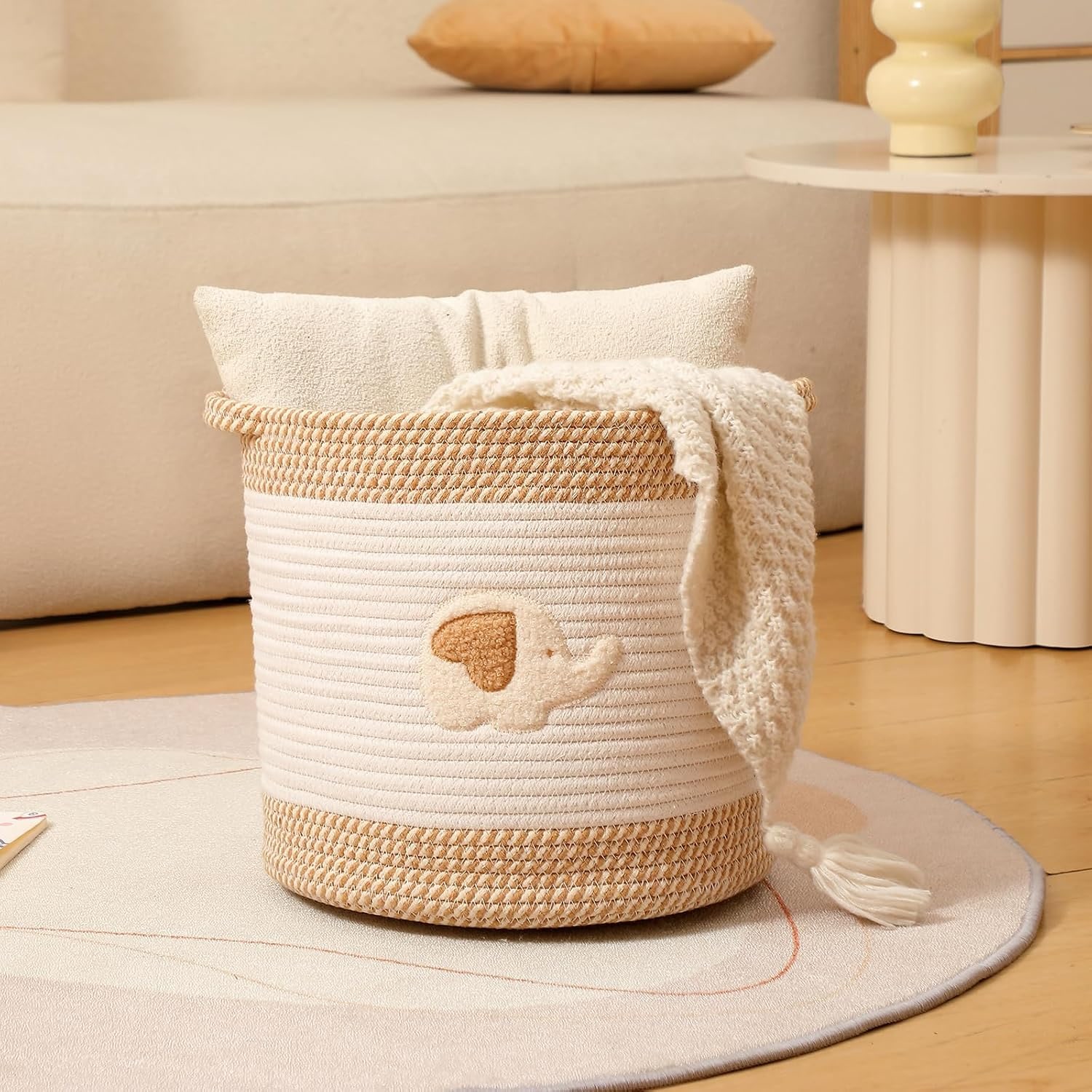 Woven Cotton Rope Toy Basket with Elephant Embroidery