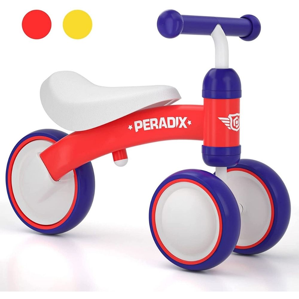 A red Peradix baby walker balance bike