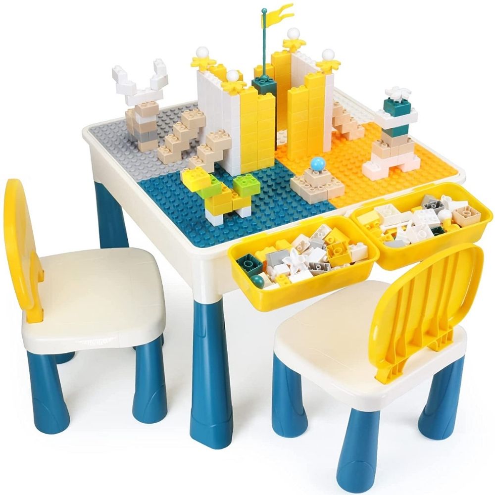 Kids Activity Table and 2 Chair Set with 100 Building Blocks